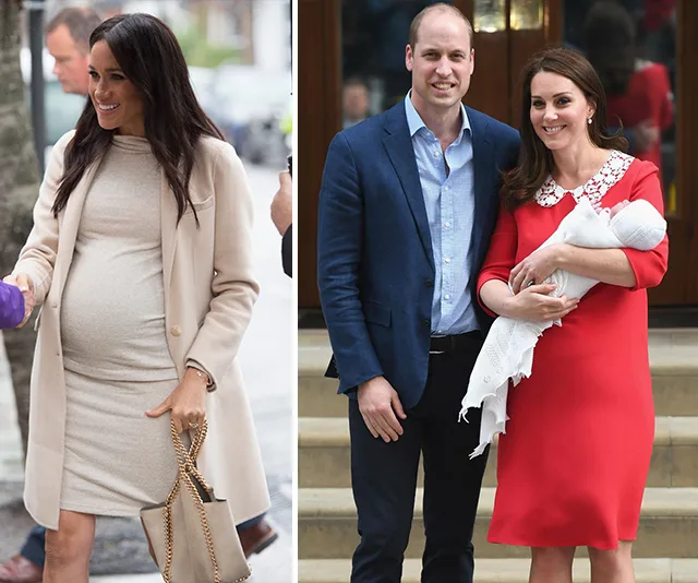 Pregnant woman in coat on left; woman in red dress holding a baby with a man on right.