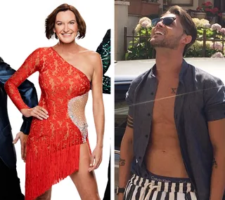 Two people side by side: a woman in a red dress and a man in sunglasses and striped pants, outdoors.