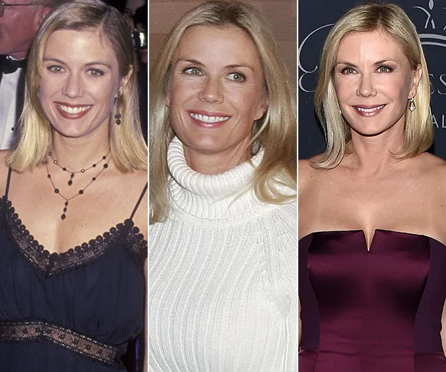 Three side-by-side images of a woman with blonde hair, showcasing her appearance at different ages in elegant attire.