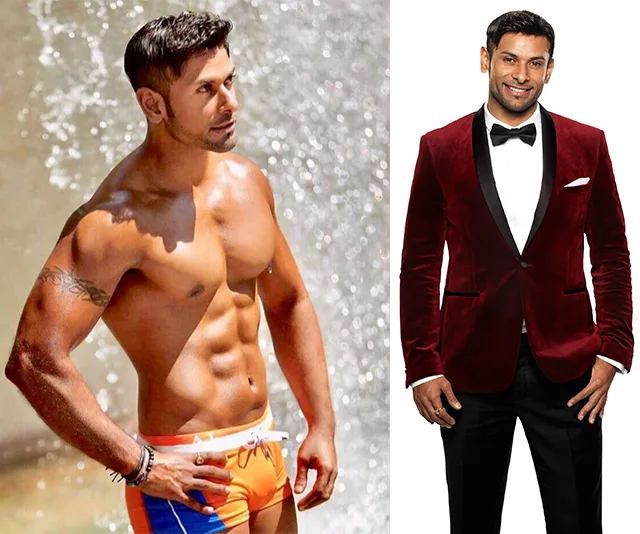 Shirtless man by water in left image, in red velvet suit with bow tie in right image.
