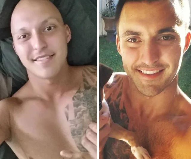 Two shirtless men with tattoos, one bald, both smiling in side-by-side photos.