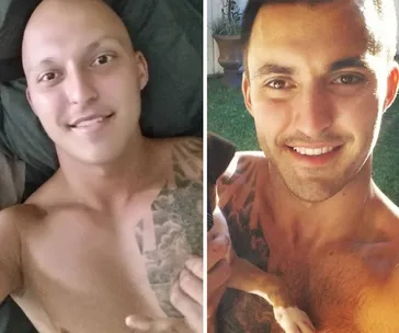 Two shirtless men with tattoos, one bald, both smiling in side-by-side photos.