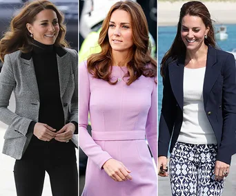 Three images of a woman styled in a gray blazer, a pink dress, and a navy blazer with patterned pants.