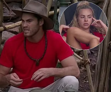 Camping scene with a person in a red shirt and hat sitting, inset with another person in red sitting pensively.