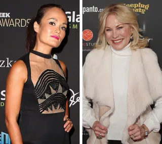 Two women posing at separate events, one in a black dress and the other in a white outfit, both smiling.