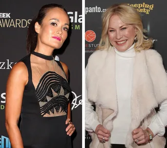 Two women posing at separate events, one in a black dress and the other in a white outfit, both smiling.