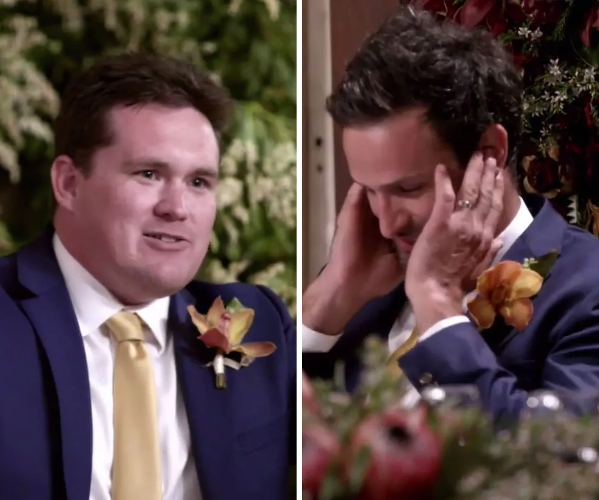 A groomsman gives a speech while the groom covers his ears, both wearing suits with flower boutonnieres.