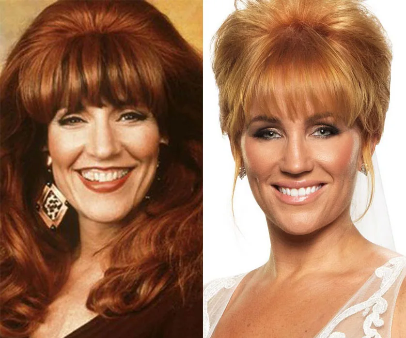 ```html
Two women with similar red hairstyles, both smiling; celebrity lookalikes comparison.
```