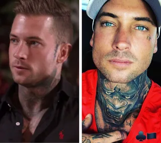 Two men with tattoos in side-by-side pictures, one wearing a dark shirt and the other a red top with a cap.