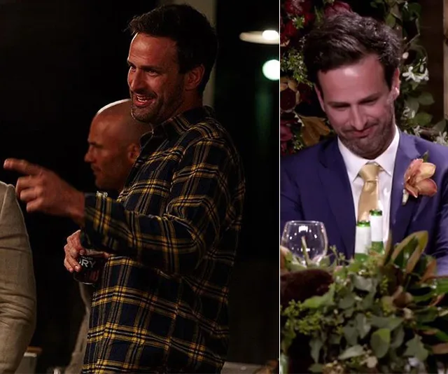 Two images of a man, one in a plaid shirt holding a drink, the other in a suit sitting at a table with greenery.