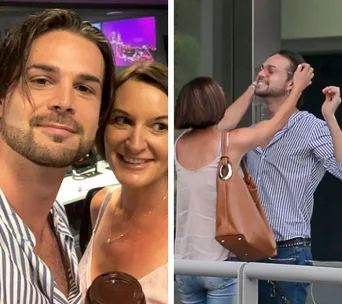 Two people smiling and interacting intimately in side-by-side photos.