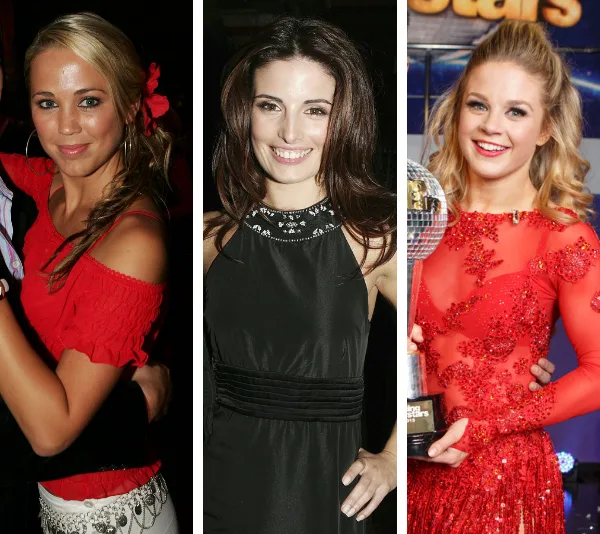 Three women from Dancing with the Stars: one in red, one in black, and one holding a trophy in red.