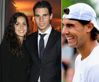 Couple smiling at event on left, tennis player laughing on right.
