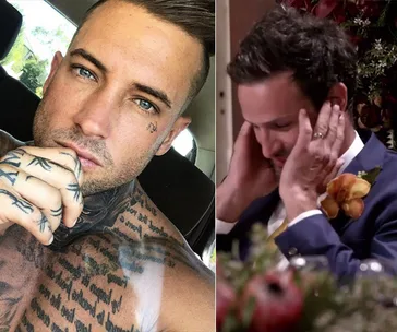 Left: A tattooed man with blue eyes posing. Right: A man in a suit covering his ears at a formal event.