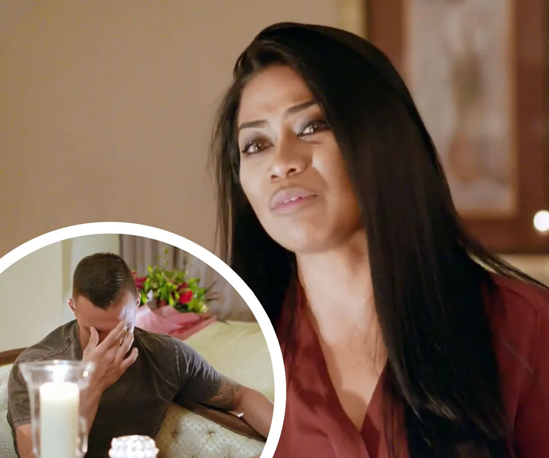 Woman speaking with an emotional expression, inset shows a man covering his face, setting is likely a dramatic scene.