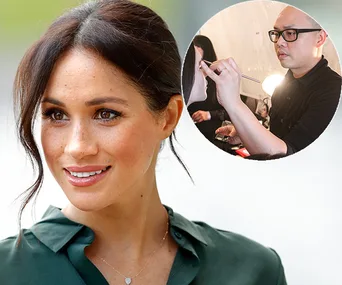 Meghan Markle smiling outdoors; inset of makeup artist applying makeup.