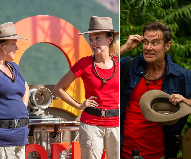 Participants in jungle attire with hats during a challenge on a reality TV show.