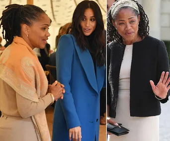Mother and daughter talking, one in a blue coat; the mother also waves in a different outfit.
