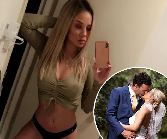 A woman taking a mirror selfie next to an inset photo of a couple kissing at their wedding.
