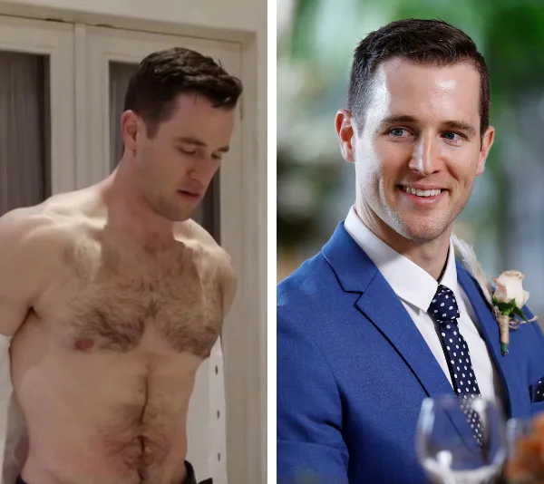 Two images of a man: left, shirtless indoors; right, wearing a blue suit and smiling at a formal event.