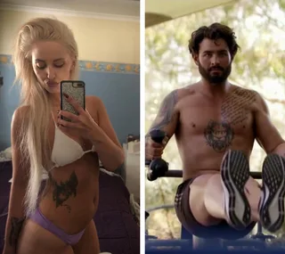 Two individuals with tattoos; a woman taking a mirror selfie and a man exercising, showcasing his chest tattoos.