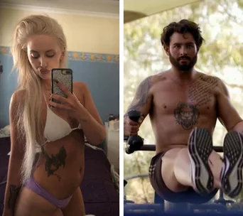 Two individuals with tattoos; a woman taking a mirror selfie and a man exercising, showcasing his chest tattoos.
