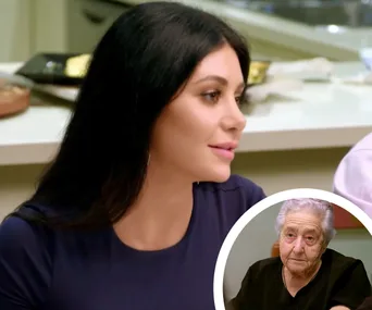 Martha from "Married at First Sight" sits at a table, inset of her grandmother in a black top.