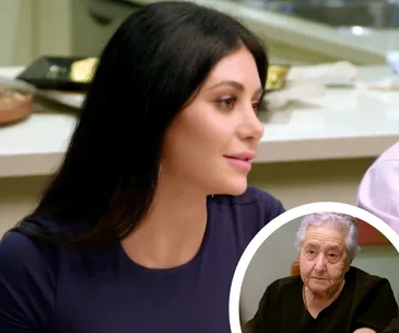 Martha from "Married at First Sight" sits at a table, inset of her grandmother in a black top.