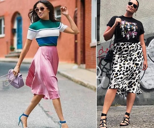 Two women in stylish midi skirts; one in a pink pleated skirt and one in a black and white animal print skirt.