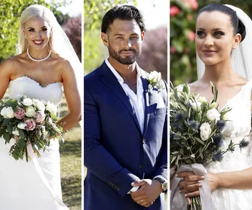 Bride and groom portraits from "Married at First Sight," featuring two brides in wedding dresses and a groom in a blue suit.