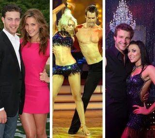 Couples posing and dancing, wearing elegant and sparkling outfits, in a three-panel photo.