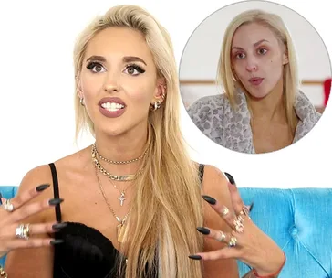 Elizabeth from "Married at First Sight" showing before and after makeup; expressive gestures.