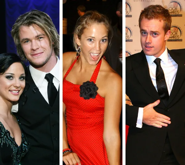 Alt text: "Three individuals from 'Dancing with the Stars Australia' in elegant and festive outfits."