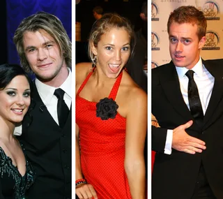 Alt text: "Three individuals from 'Dancing with the Stars Australia' in elegant and festive outfits."