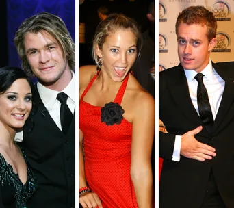 Alt text: "Three individuals from 'Dancing with the Stars Australia' in elegant and festive outfits."