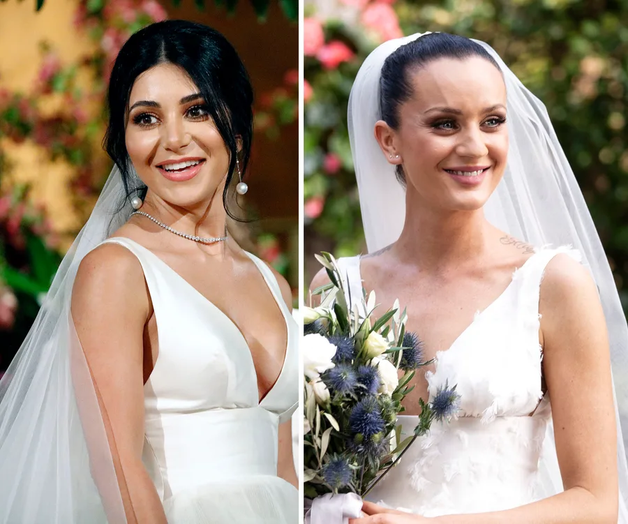 Two brides in wedding dresses and veils smiling, with one holding a bouquet, set against floral backgrounds.