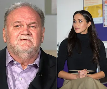 A man on the left and a woman on the right, both in separate settings, looking serious.