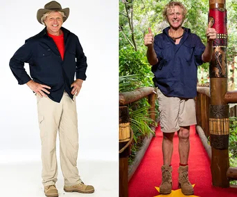 A man in casual outdoor attire before and after weight loss on a jungle-themed red carpet.