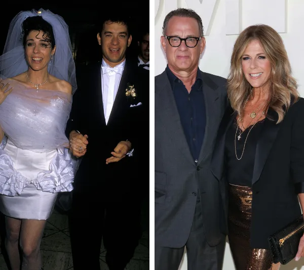 A couple at their wedding, wearing classic attire, and then later in elegant evening wear at an event.