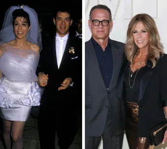 A couple at their wedding, wearing classic attire, and then later in elegant evening wear at an event.