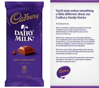 Cadbury Dairy Milk bar packaging and a notice reducing the size due to costs while maintaining quality.