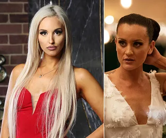 Two women from "Married at First Sight" in a side-by-side image. One in a red dress and the other in a white top.