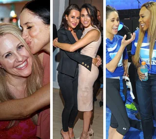 Two women embracing and smiling in each of three vertical photos.