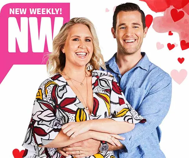 Couple smiling warmly, posing together; colorful background with hearts; "NW" magazine logo visible.