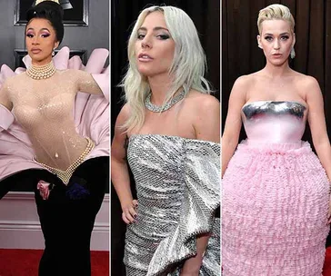 Three women pose in unique dresses on the 2019 Grammy Awards red carpet.