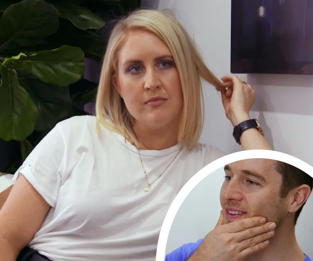 Woman in white shirt with blonde hair touches her hair, shown next to a man with hand on chin, appearing pensive.