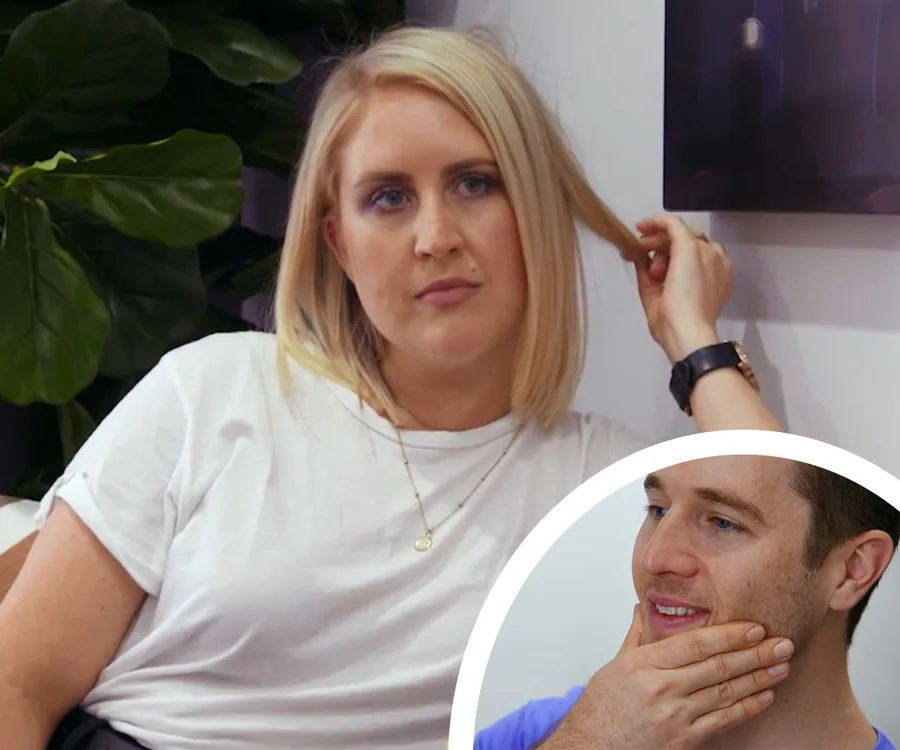 Woman in white shirt with blonde hair touches her hair, shown next to a man with hand on chin, appearing pensive.