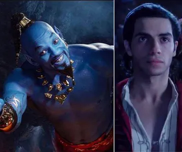 Blue Genie smiling brightly and a young man looking serious, both characters from the movie Aladdin.