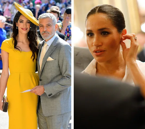 George Clooney with a woman in a yellow dress and hat on the left; woman in white shirt with slicked-back hair on the right.
