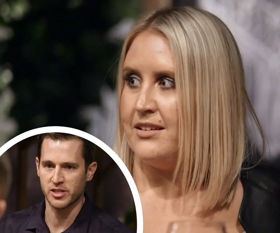 A woman with blonde hair looks surprised; inset shows a man speaking, scene from "Married at First Sight."